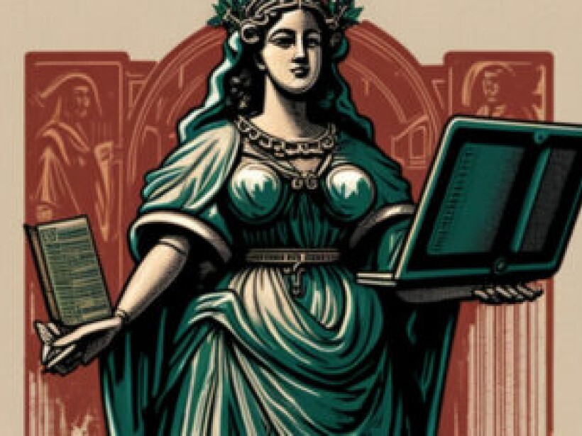A woman in armor symbolising justice with the U.S. constitution in one hand and a computer on the other hand.